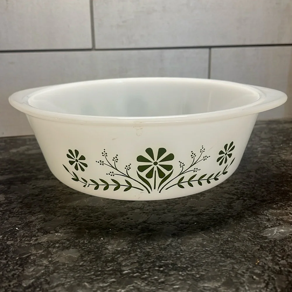 Glassbake 8 inch round. “crazy daisy pattern”.  Milkglass. Like new